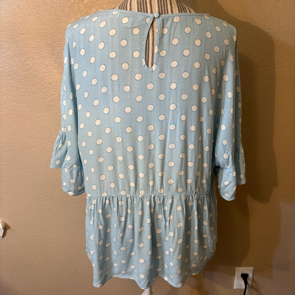 Boden Blouse Sz 12 Caroline Lt Blue White Polka Dot Peplum Viscose Cottagecore - Picture 7 of 16